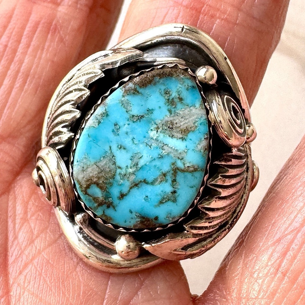 Navajo Turquoise Mens Ring Sz 10 Leaf Feather Signed Morgan Sterling Native Amer